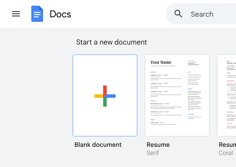 Create a new blank document in Google Docs