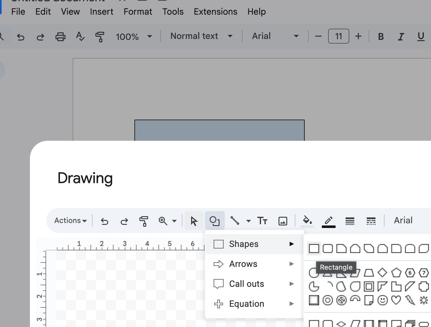 Opening the drawing tools in Google Docs