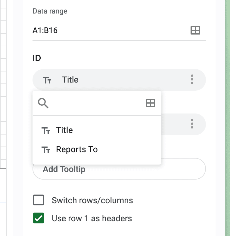 Manual selection and customization of the organizational chart in Google Sheets