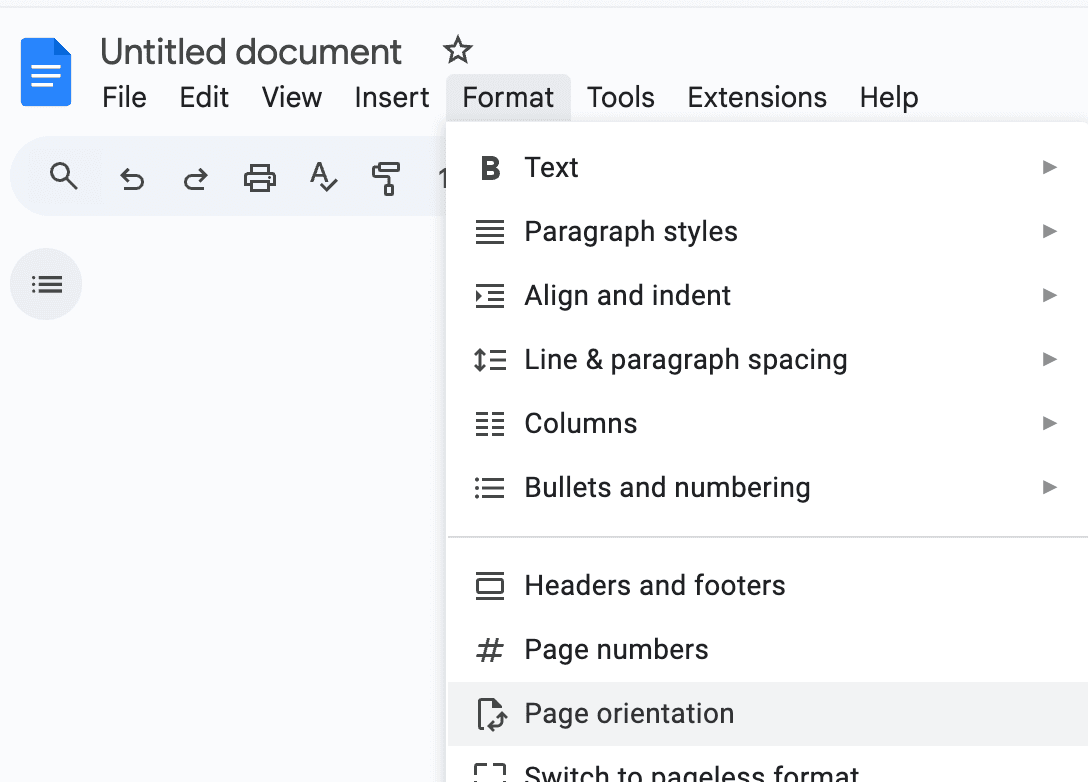 Changing orientation to landscape in Google Docs