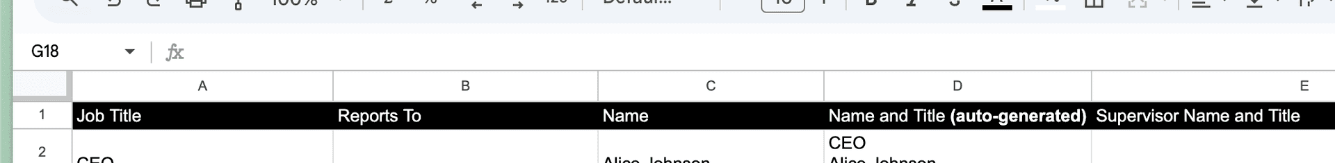 Adding headers for Job Title, Reports To, and Name in Google Sheets