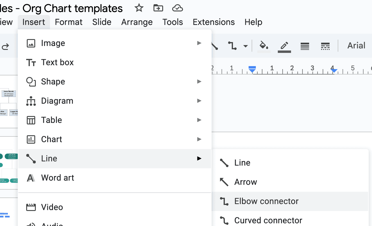 Adding a new line connector in Google Slides