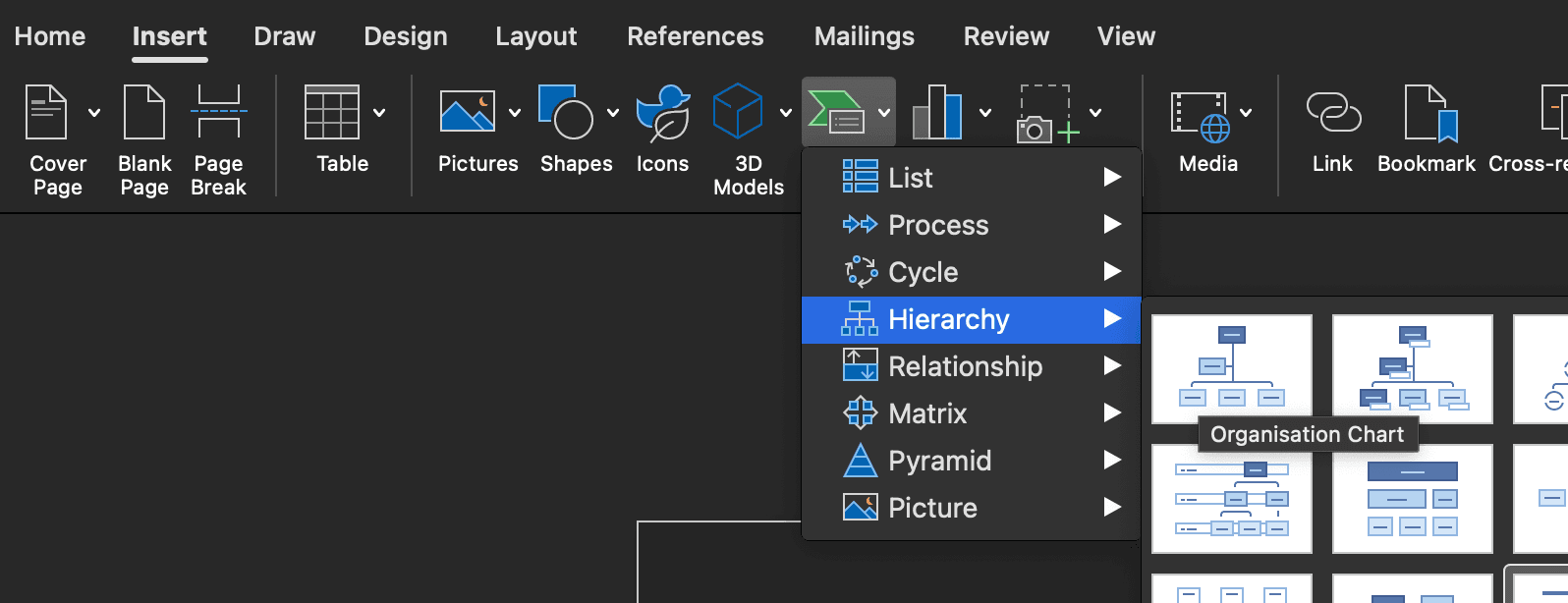 Selecting the Hierarchy option in SmartArt